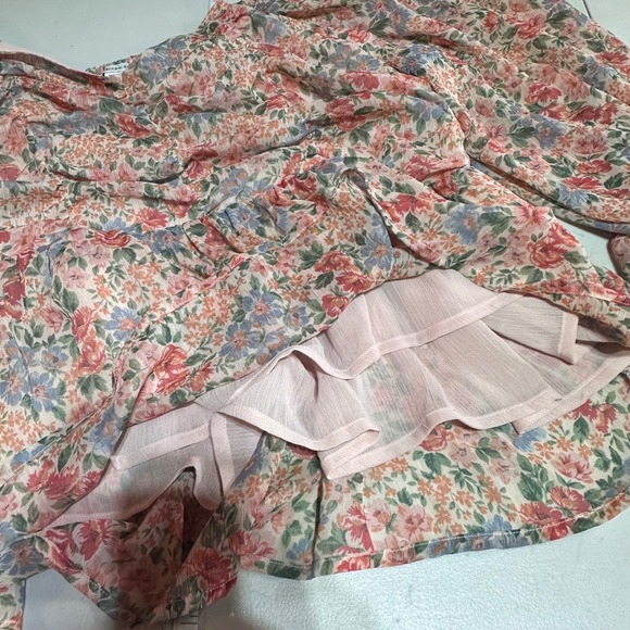 American Eagle Floral Ruched Blouse Womens XL Pink Chiffon Coquette Feminine - Picture 10 of 12